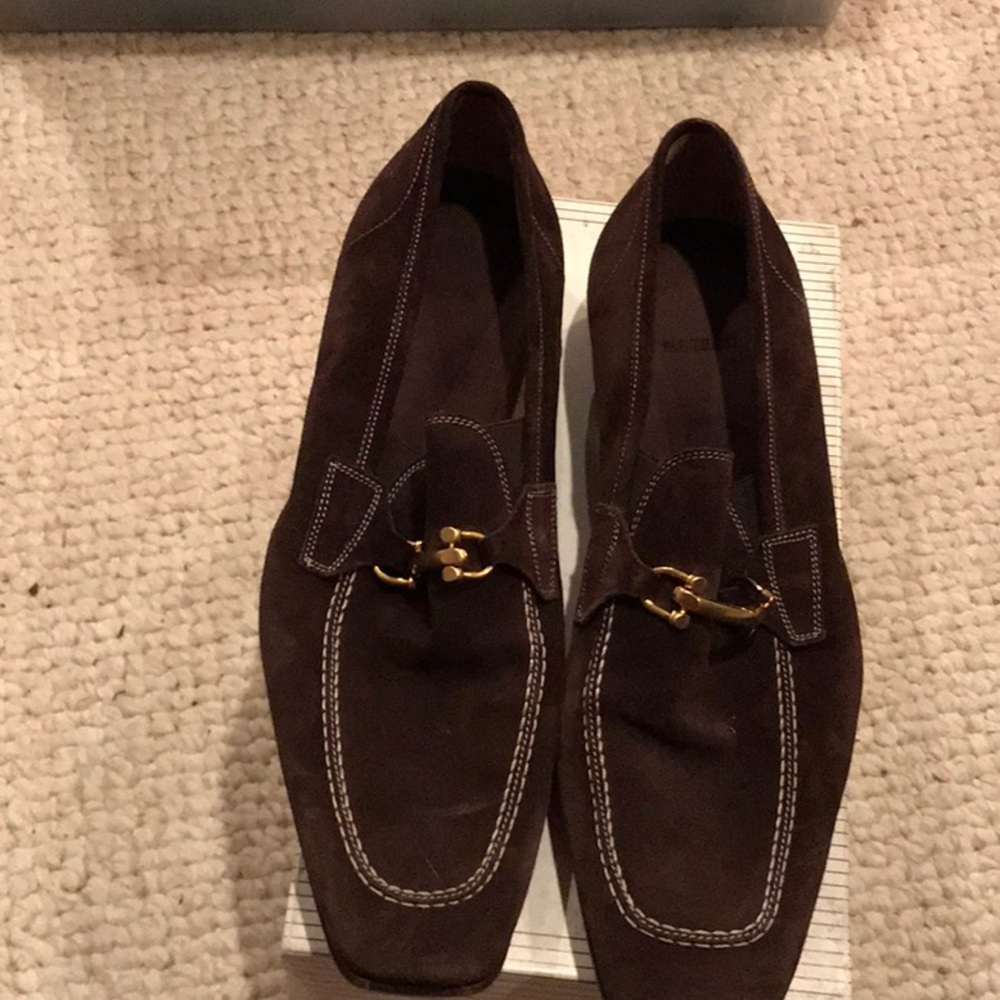 Brown suede shoes with gold hardware  men’s